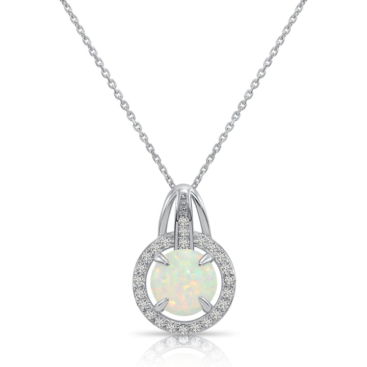 925 Sterling Silver Round Fire Opal Halo Pendant Necklace - NY21307