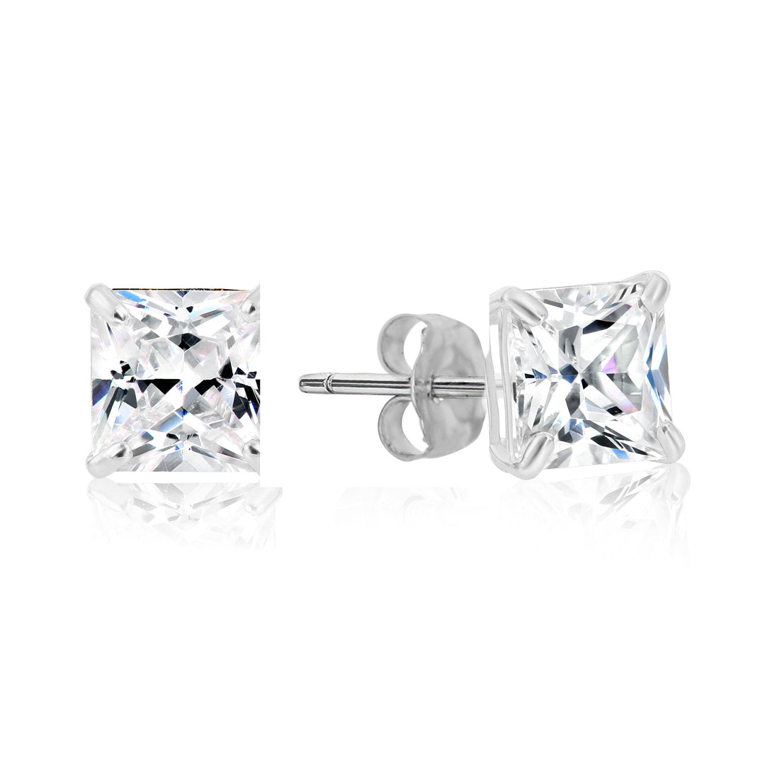 925 Sterling Silver 4 Prong Square Princess Solitaire Cubic Zirconia Studs - Pushback