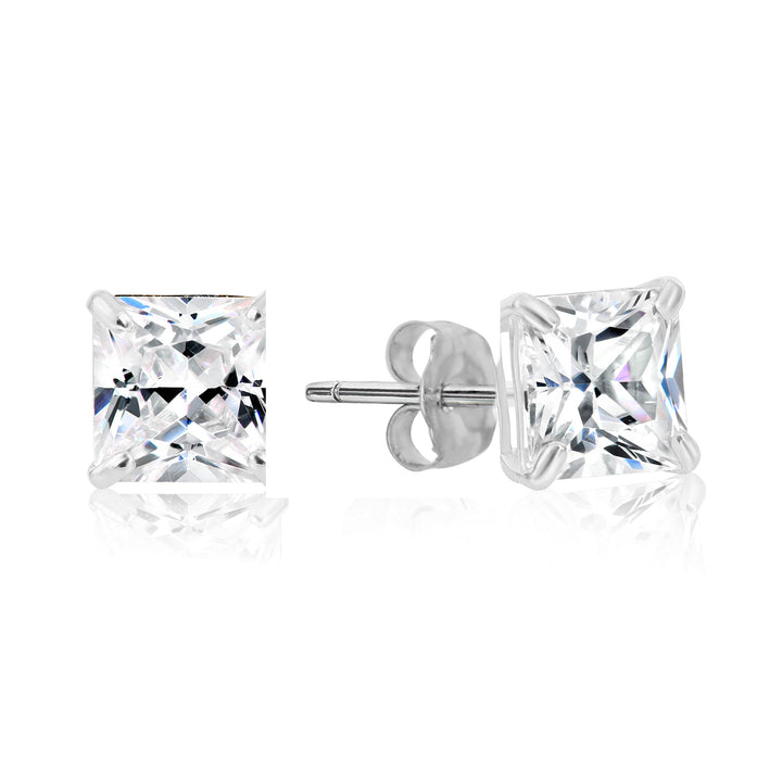 925 Sterling Silver 4 Prong Square Princess Solitaire Cubic Zirconia Studs - Pushback