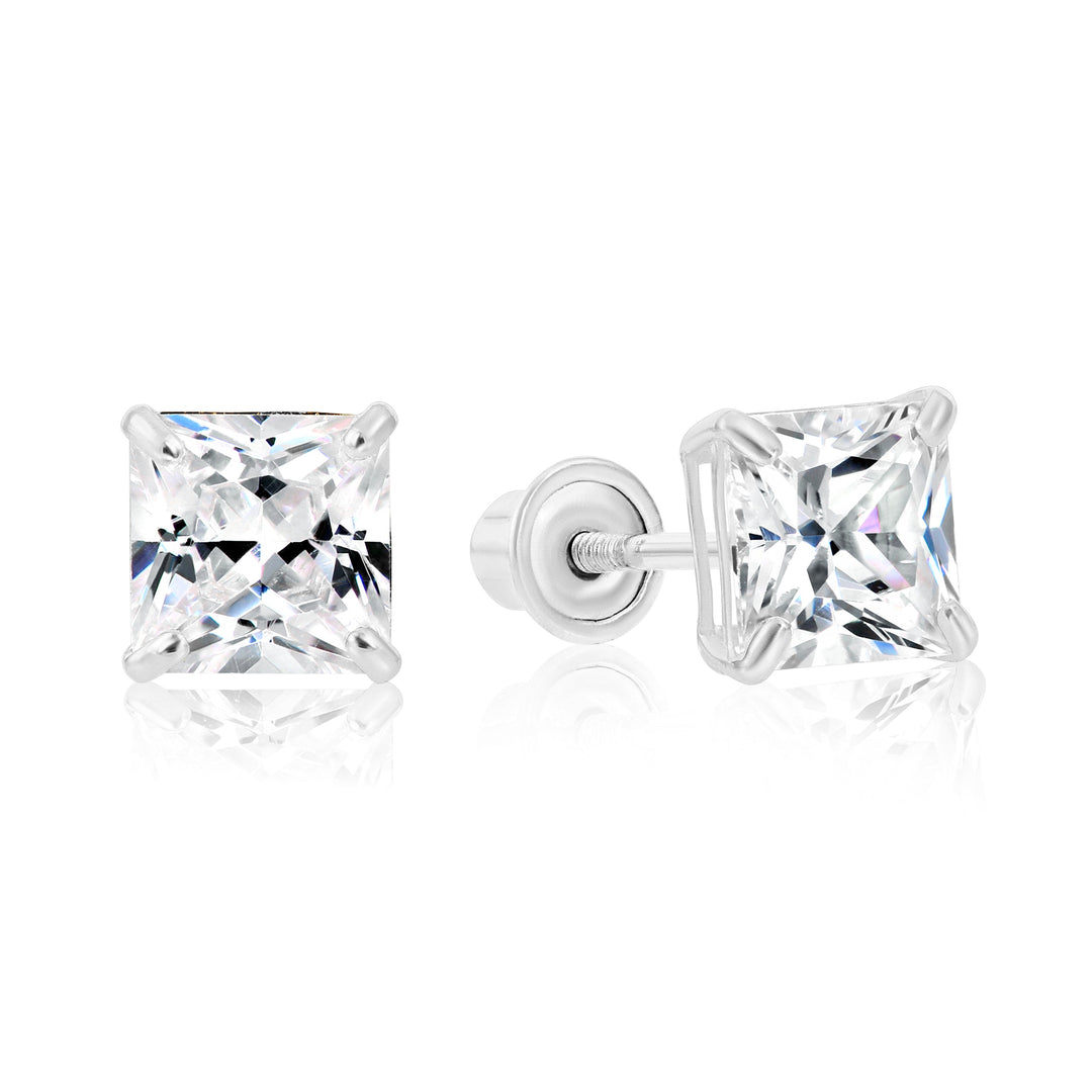 14k White Gold Cubic Zirconia Square Princess-Cut Stud Earrings, Screwback
