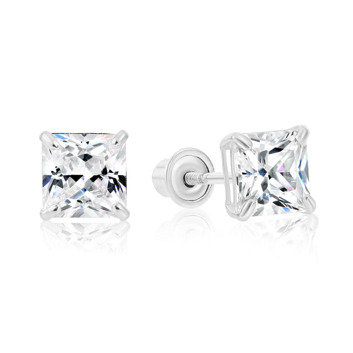 14k White Gold Cubic Zirconia Square Princess-Cut Stud Earrings, Screwback