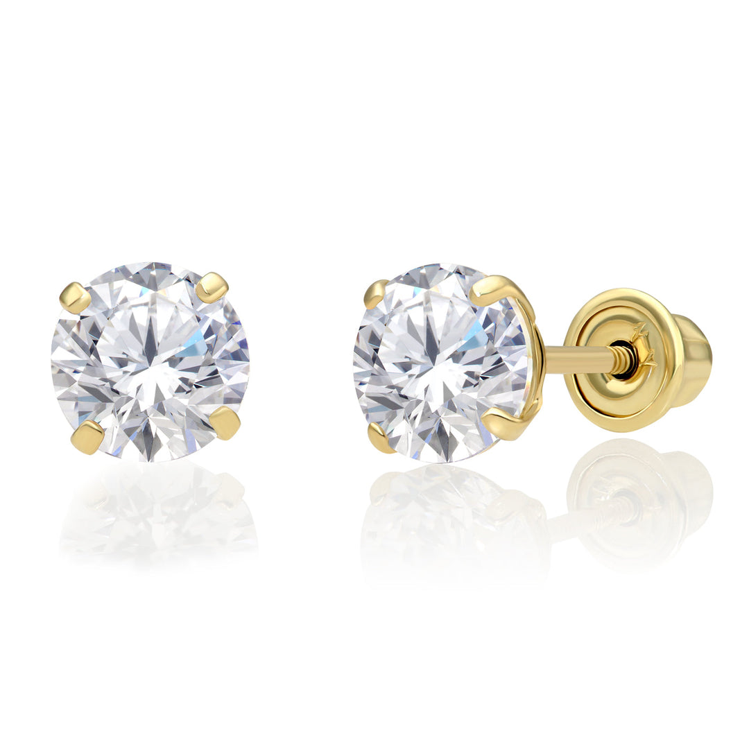 10K Yellow Gold Solitaire Round Cubic Zirconia Stud Earrings - Screwback