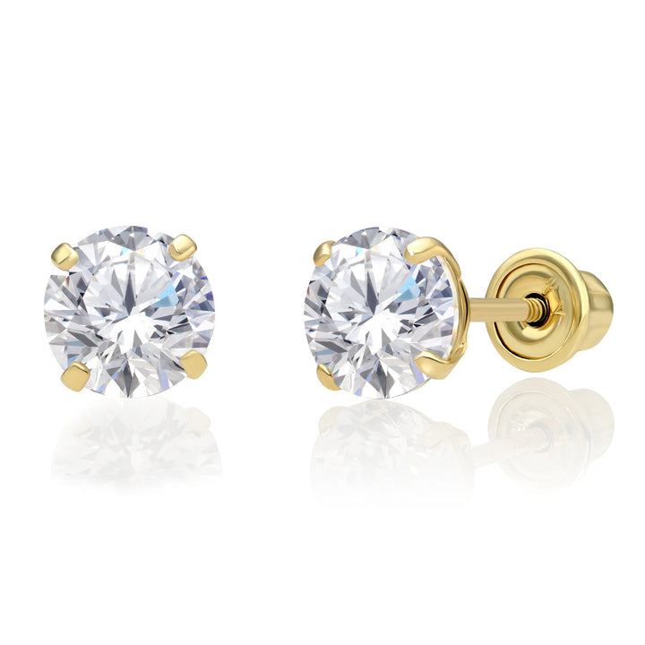 10K Yellow Gold Solitaire Round Cubic Zirconia Stud Earrings - Screwback