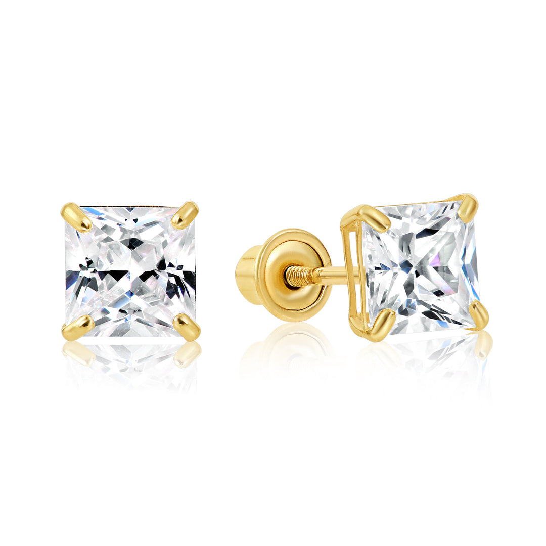 14k Yellow Gold Square Cubic Zirconia Stud Earrings - Screwback