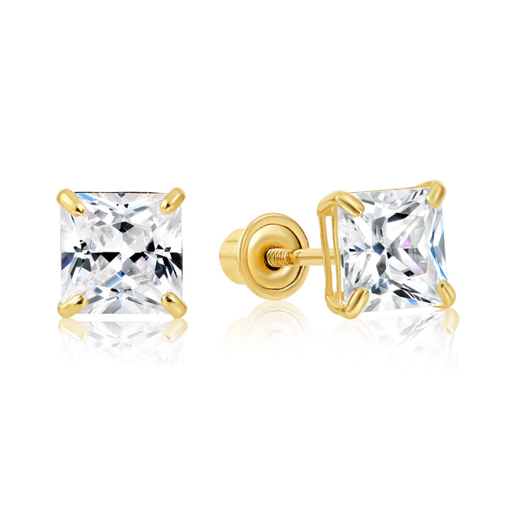 14k Yellow Gold Square Cubic Zirconia Stud Earrings - Screwback