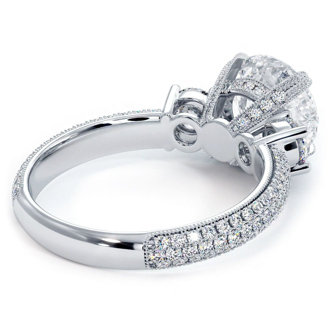 Round Center Three Stone Micropavé Eagle Prongs Diamond Engagement Ring Setting (1.12ctw) in 18k White Gold