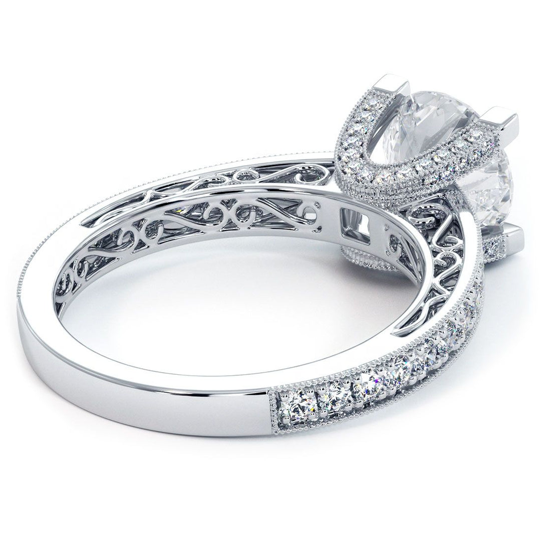 Round Head, Filigree U Shape Prongs Vintage Style Diamond Engagement Ring Setting (0.63ctw) in 18k White Gold
