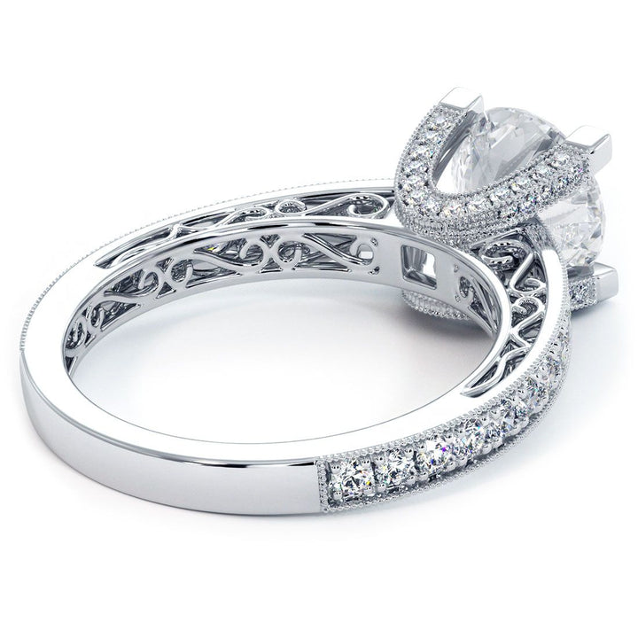 Round Head, Filigree U Shape Prongs Vintage Style Diamond Engagement Ring Setting (0.63ctw) in 18k White Gold