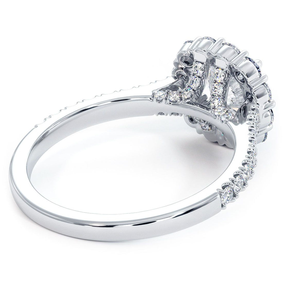 Round Halo, Floral Shape, Cathedral Diamond Shank, Diamonds On The Bridge, Engagement Ring Setting (0.90ctw) in 18k White Gold