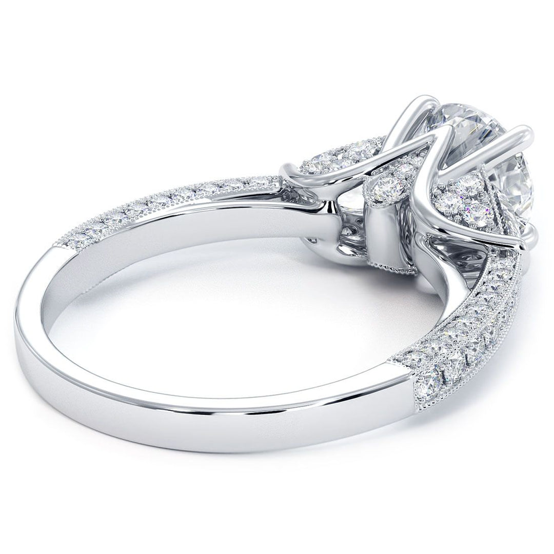 Round Center Three Stone Milgrain Vintage Style Diamond Engagement Ring Setting (0.75ctw) in 18k White Gold