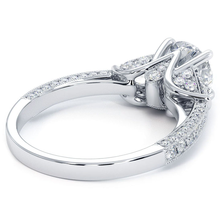 Round Center Three Stone Milgrain Vintage Style Diamond Engagement Ring Setting (0.75ctw) in 18k White Gold