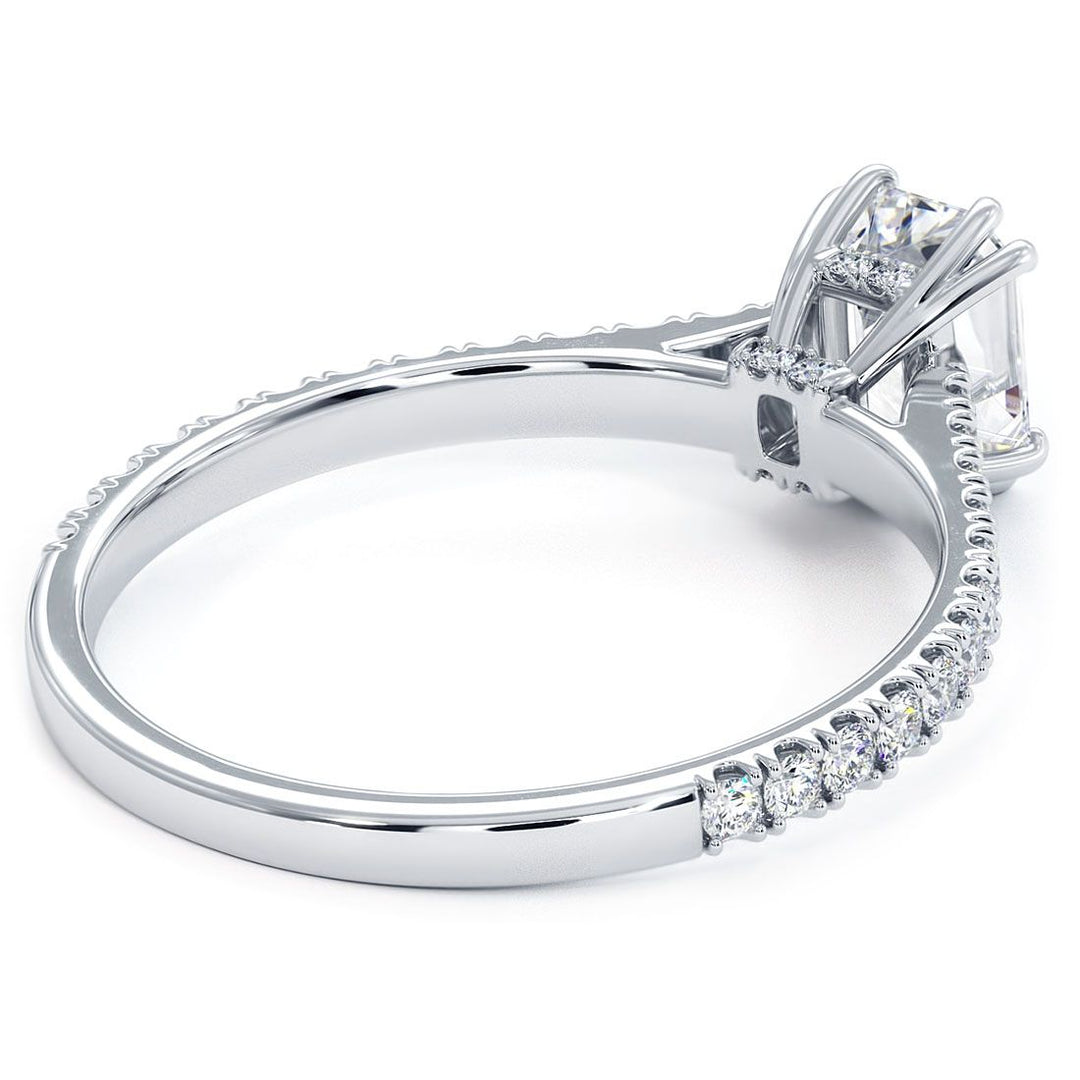 Emerald Cut Head, Double Prongs, Diamonds Under The Head, Petite Micropave Diamond Cathedral Shank, Engagement Ring Setting (0.35ctw) in 18k White Gold