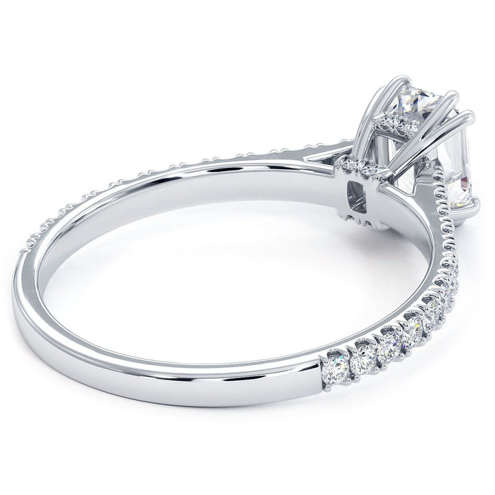Emerald Cut Head, Double Prongs, Diamonds Under The Head, Petite Micropave Diamond Cathedral Shank, Engagement Ring Setting (0.35ctw) in 18k White Gold