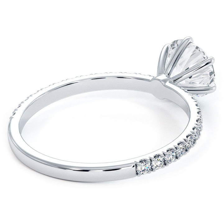 6 Prong Head for Round Cut Center, Petite Micropave Diamond Shank, Engagement Ring Setting (0.30ctw) in 18k White Gold