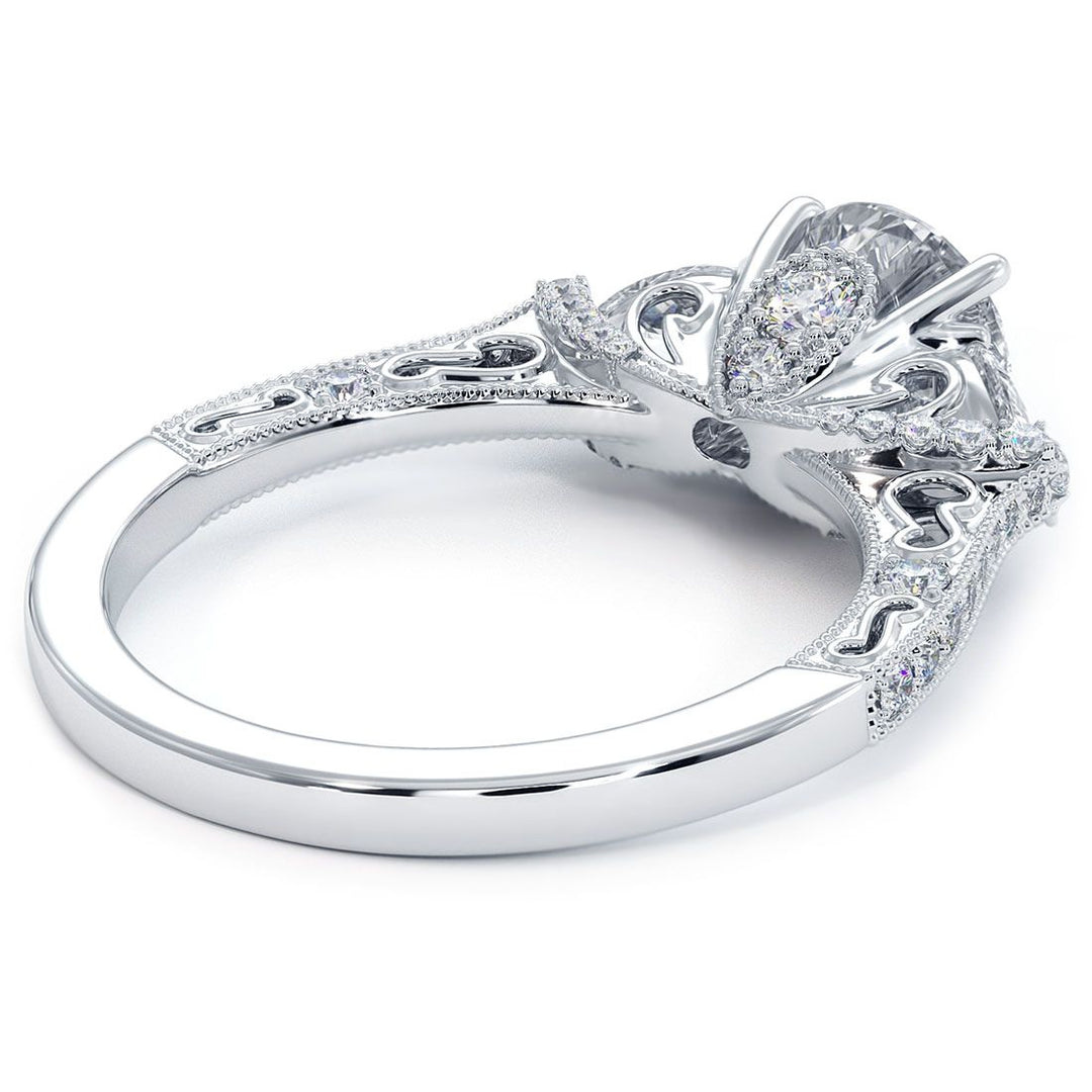 Round Head, Three Stone Ring With 2 Pear Shape Sides And Round Diamonds, Milgrain Vintage Style Diamond Engagement Ring Setting (0.70ctw) in 18k White Gold