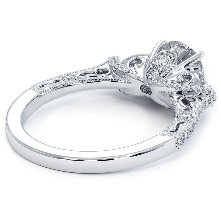Round Head, Three Stone Ring With 2 Pear Shape Sides And Round Diamonds, Milgrain Vintage Style Diamond Engagement Ring Setting (0.70ctw) in 18k White Gold