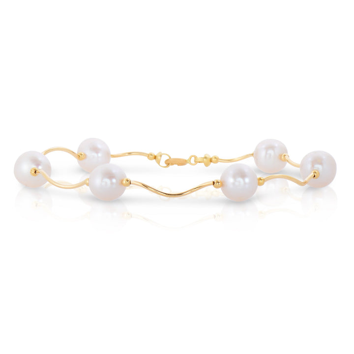 14k Solid Gold Freshwater Cultured Pearl Station Bracelet - Plain