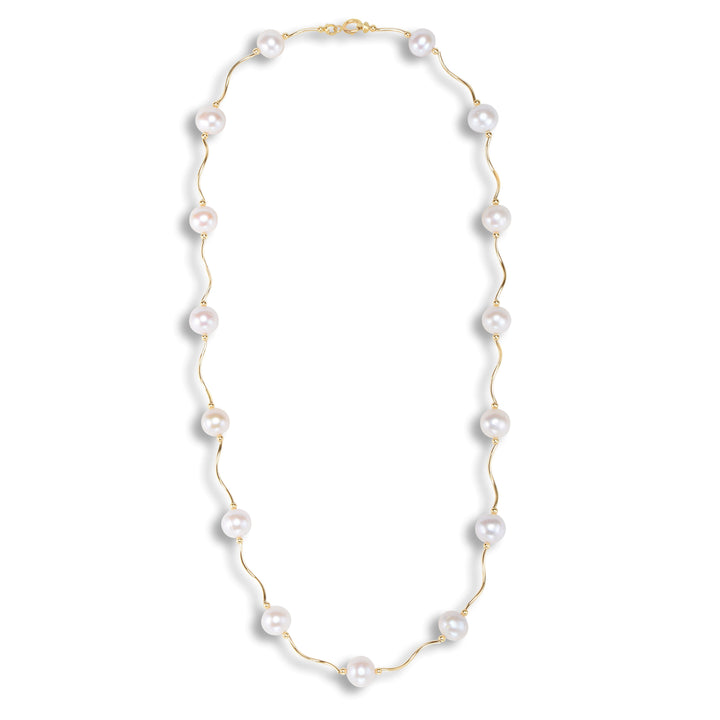 14k Solid Gold Freshwater Cultured Pearl Station Necklace - Plain
