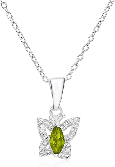 Sterling Silver Simulated Birthstone Halo Butterfly Pendant Necklace