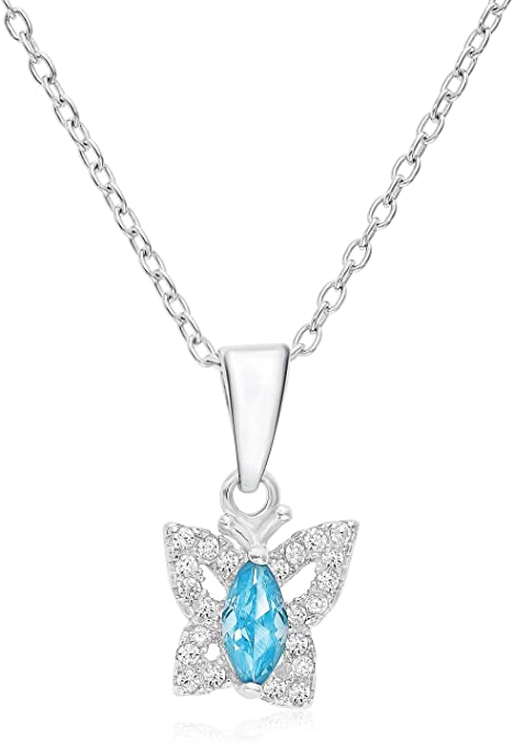 Sterling Silver Simulated Birthstone Halo Butterfly Pendant Necklace