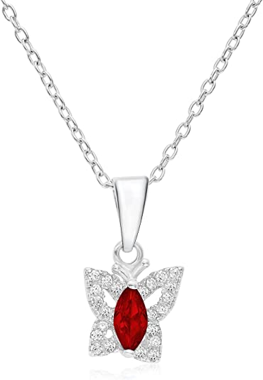 Sterling Silver Simulated Birthstone Halo Butterfly Pendant Necklace