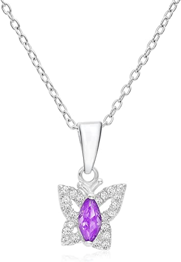 Sterling Silver Simulated Birthstone Halo Butterfly Pendant Necklace