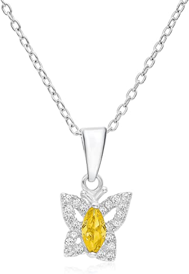 Sterling Silver Simulated Birthstone Halo Butterfly Pendant Necklace