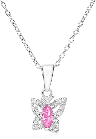 Sterling Silver Simulated Birthstone Halo Butterfly Pendant Necklace