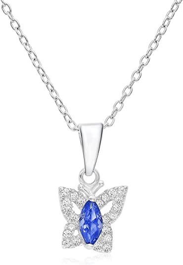 Sterling Silver Simulated Birthstone Halo Butterfly Pendant Necklace