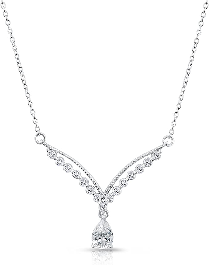 Sterling Silver Cubic Zirconia V-shape Pendant Necklace