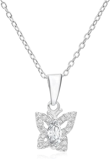 Sterling Silver Simulated Birthstone Halo Butterfly Pendant Necklace