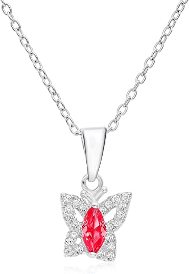 Sterling Silver Simulated Birthstone Halo Butterfly Pendant Necklace