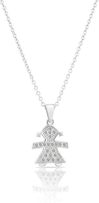 Sterling Silver Girl in Pigtails with Cubic Zirconia Pendant Necklace