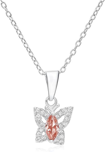 Sterling Silver Simulated Birthstone Halo Butterfly Pendant Necklace
