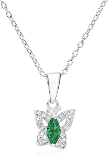 Sterling Silver Simulated Birthstone Halo Butterfly Pendant Necklace