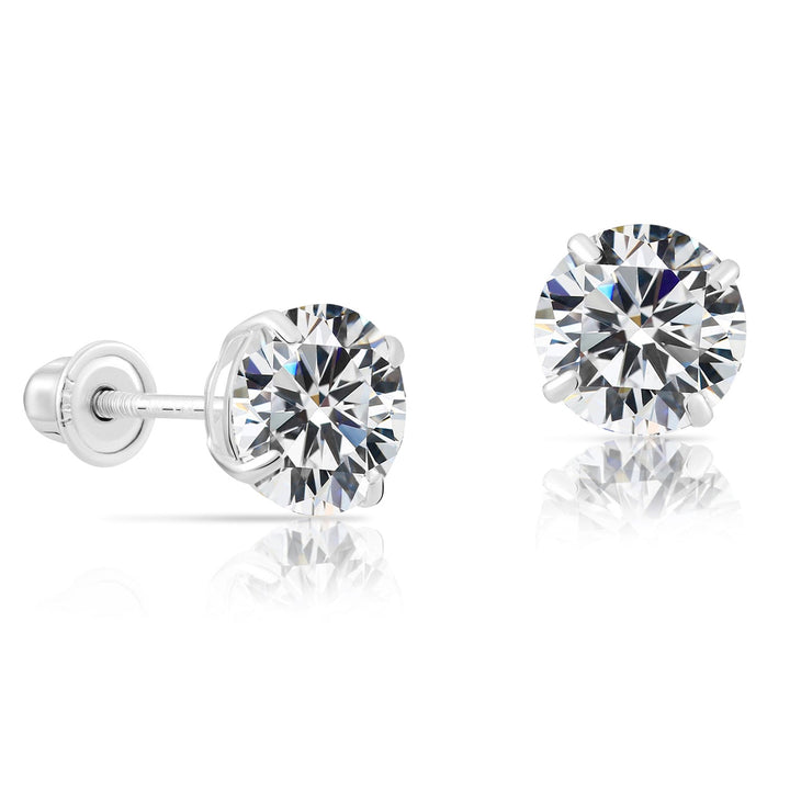 14k White Gold Cubic Zirconia Solitaire Stud Earrings, Screwback