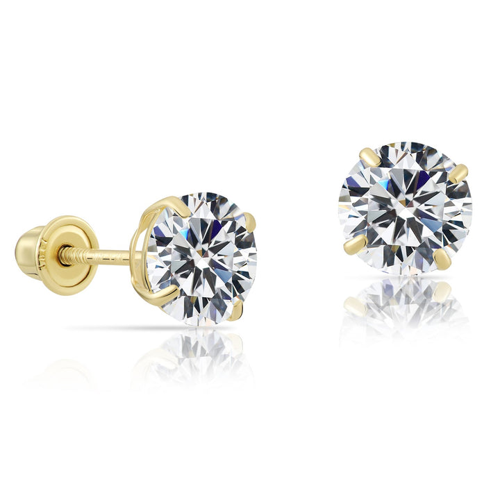 14k Yellow Gold Round Solitaire Cubic Zirconia Stud Earrings - Screwback