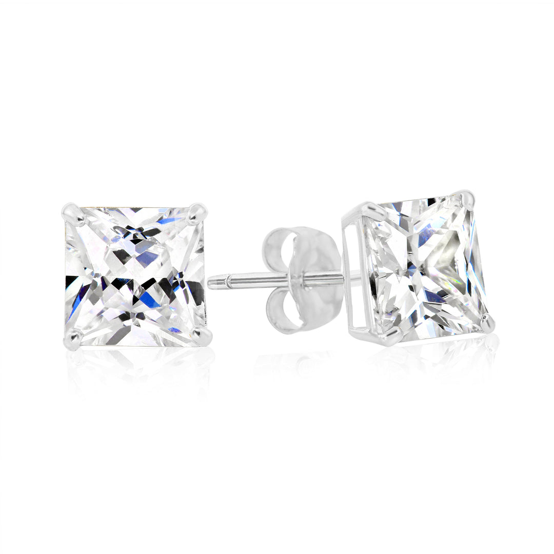 925 Sterling Silver 4 Prong Square Princess Solitaire Cubic Zirconia Studs - Pushback