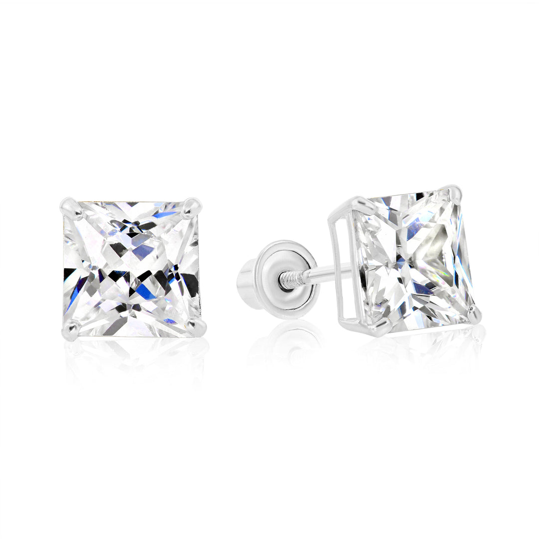 14k White Gold Cubic Zirconia Square Princess-Cut Stud Earrings, Screwback