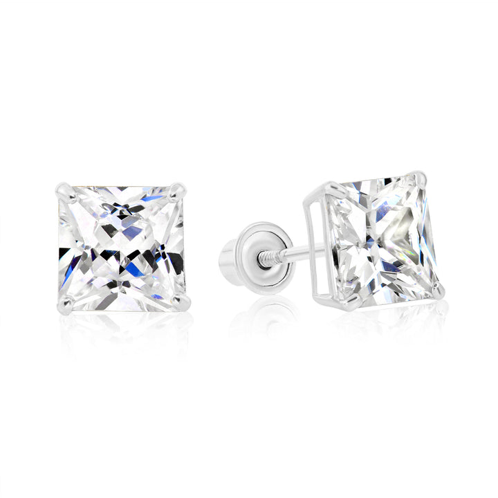 14k White Gold Cubic Zirconia Square Princess-Cut Stud Earrings, Screwback