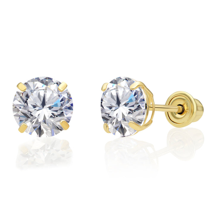 10K Yellow Gold Solitaire Round Cubic Zirconia Stud Earrings - Screwback