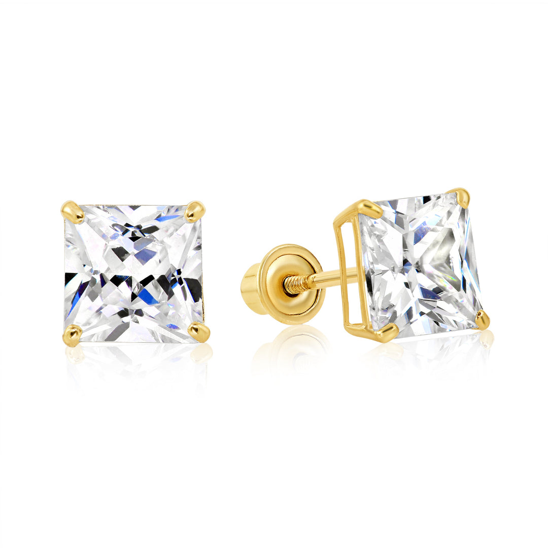 14k Yellow Gold Square Cubic Zirconia Stud Earrings - Screwback