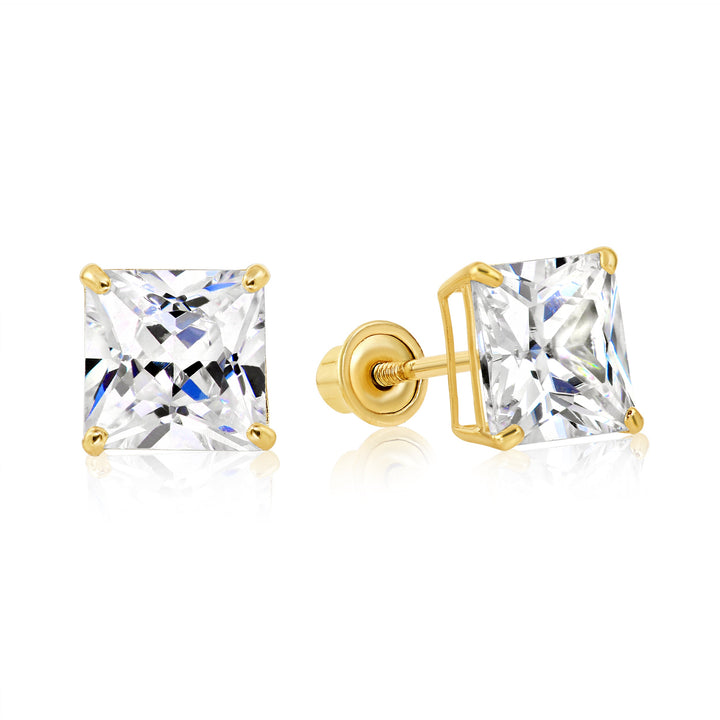 14k Yellow Gold Square Cubic Zirconia Stud Earrings - Screwback
