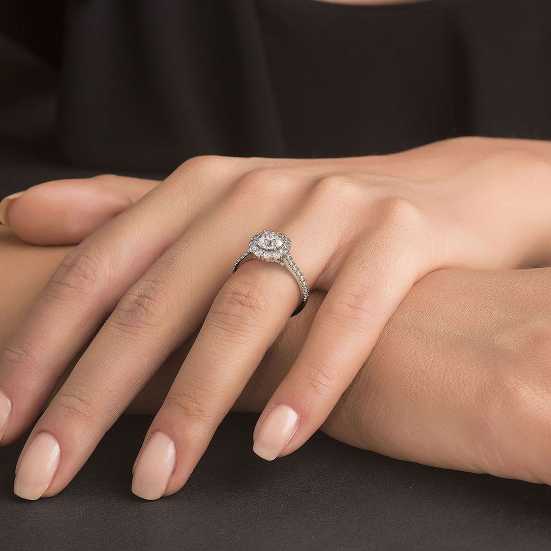 Round Halo, Floral Shape, Cathedral Diamond Shank, Diamonds On The Bridge, Engagement Ring Setting (0.90ctw) in 18k White Gold