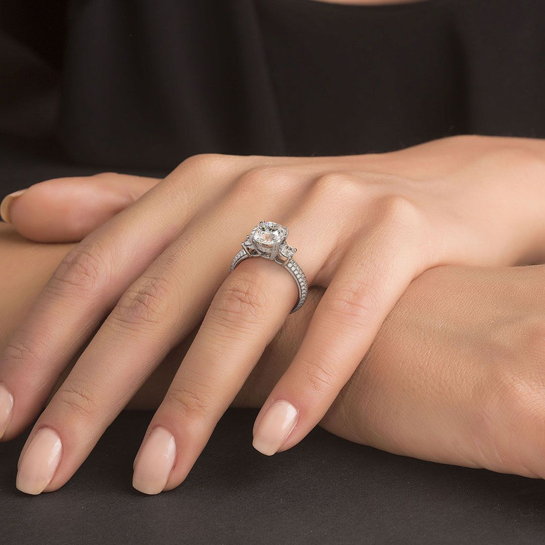 Round Center Three Stone Micropavé Eagle Prongs Diamond Engagement Ring Setting (1.12ctw) in 18k White Gold