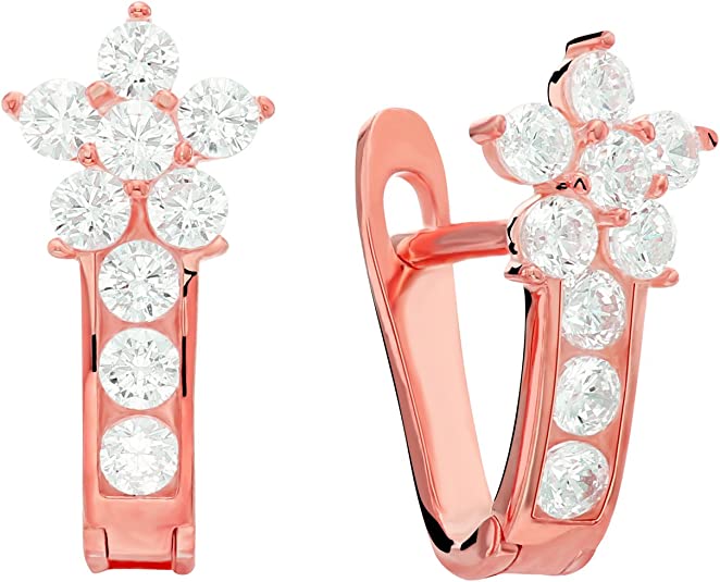 Sterling Silver Cubic Zirconia Flower Huggie Hoop Earrings