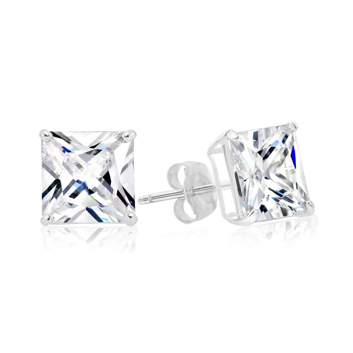 925 Sterling Silver 4 Prong Square Princess Solitaire Cubic Zirconia Studs - Pushback