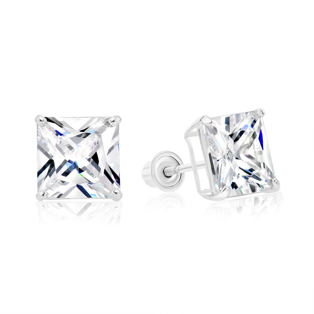 14k White Gold Cubic Zirconia Square Princess-Cut Stud Earrings, Screwback