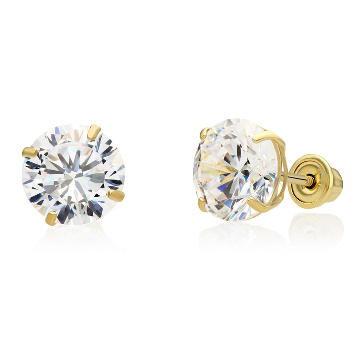 10K Yellow Gold Solitaire Round Cubic Zirconia Stud Earrings - Screwback