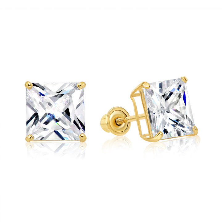 14k Yellow Gold Square Cubic Zirconia Stud Earrings - Screwback